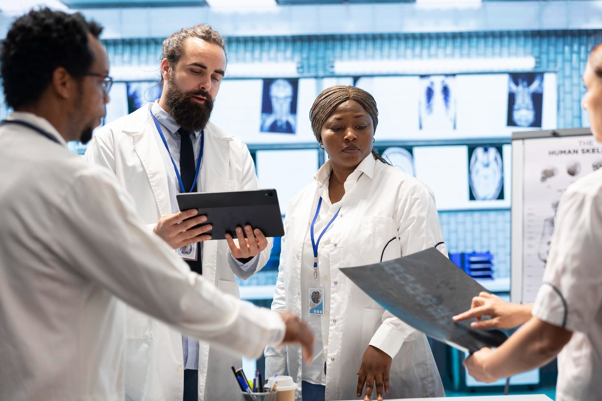 Clinical team reviewing diagnostics in a hospital setting