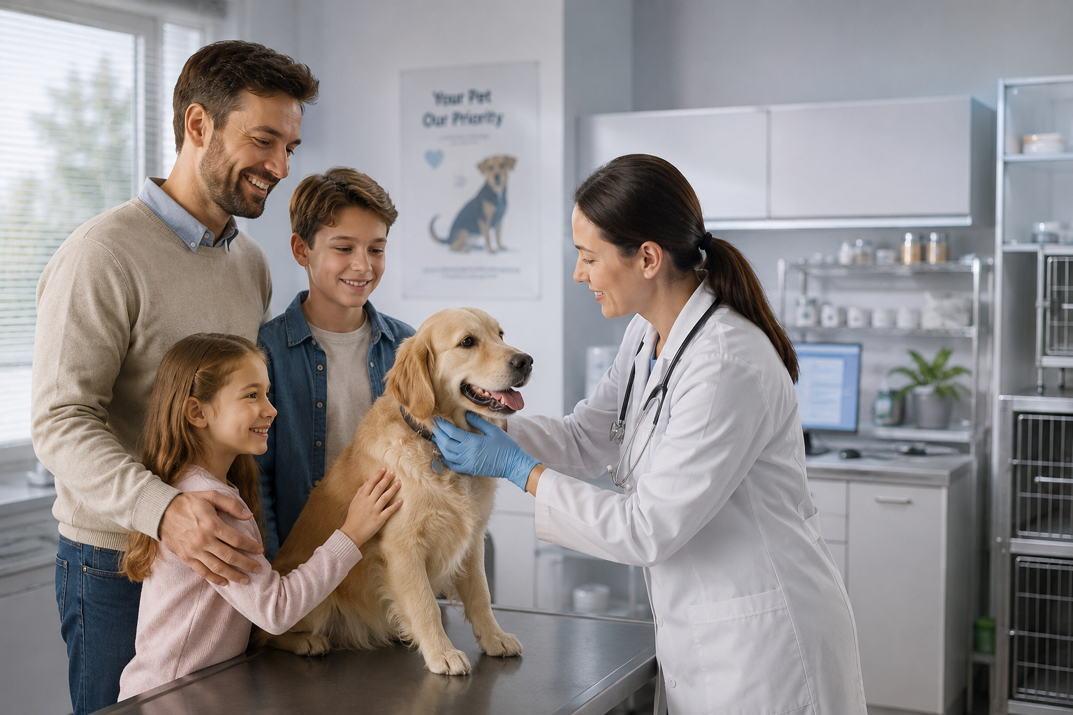 Family with their dog at the veterinary clinic